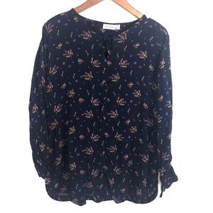 Masai Womens Top Medium Blue Floral Chiffon Blouse Metallic Long Sleeve Flowy